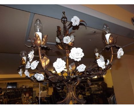 GILDED WROUGHT IRON CONTINENTAL CHANDELIER LIGHT WITH DECORATIVE CERAMIC ROSES EST[£25-£45]