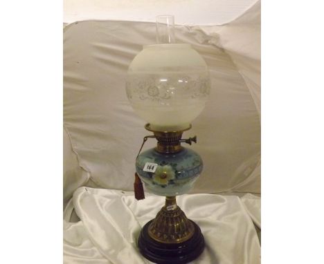 VICTORIAN OIL LAMP, BLUE ENAMEL & FLORAL DECORATION EST [£60- £80]