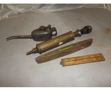 VINTAGE TOOLS, OIL CAN, SPRAYER, LEVEL & BOX WOOD RULE EST [£10-£25]