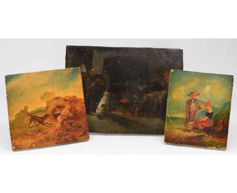 AN ANTIQUE FIRESIDE SCENE with dogs and a man smoking a pipe, oil on board, 22cm x 30cm; together with two further antique oi