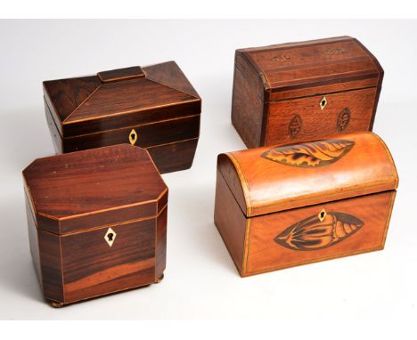 A GEORGE III SATINWOOD DOMED TOPPED TEA CADDY with a conch shell inlaid decoration and a two-sectional interior, 18cm wide; t