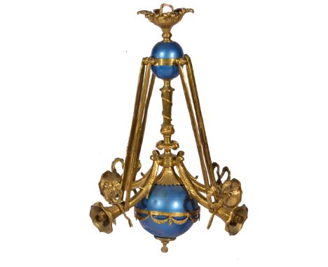 LOUIS PHILIPPE OR EMPIRE STYLE GILT METAL FOUR-LIGHT ELECTROLIER with four scrolling trumpet arms around a central blue paint