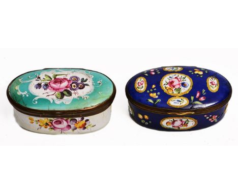 A GEORGE III BLUE GROUND OVAL STAFFORDSHIRE ENAMEL SNUFF BOX decorated with flowers, 7.6cm wide, together with a green and wh