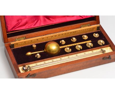 A VICTORIAN SIKES HYDROMETER in a fitted mahogany case with a boxwood slide rule, the hydrometer with full set of weights and