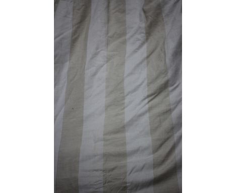 A LARGE PAIR OF HEAVY INTERLINED CREAM AND BEIGE STRIPED CURTAINS approximately 330cm high x 470cm wide, together with a furt