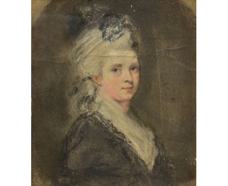 CIRCLE OF SIR JOSHUA REYNOLDS (1723-1792) - HEAD AND SHOULDERS PORTRAIT OF A GIRL with feathers in her hair, pastel on paper,