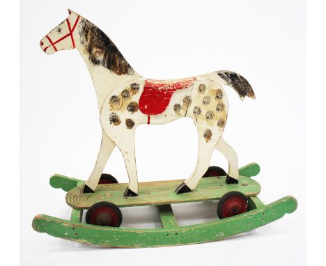 A FRENCH WOODEN PAINTED CHILD'S ROCKING HORSE, approximately 82cm long