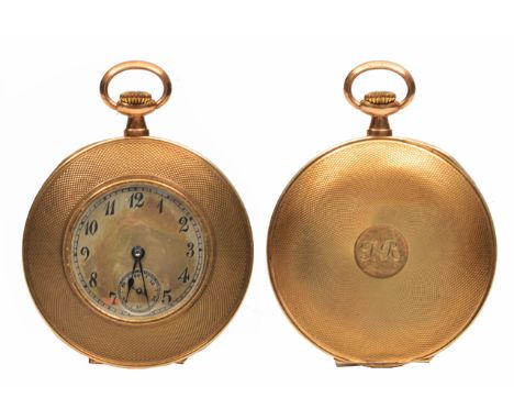 A CONTINENTAL 9 CARAT GOLD GENTLEMEN'S POCKET WATCH the slim case with engine turned decoration, the silvered dial with Arabi
