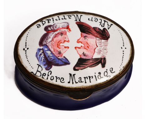 A GEORGE II OVAL ENAMEL SNUFF BOX, the lid decorated with a man and a woman and inscribed 'Before Marriage/After Marriage', t