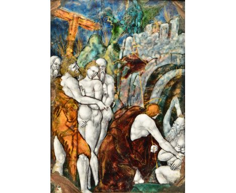 AN EARLY TO MID 16TH CENTURY LIMOGES ENAMEL PLAQUE depicting the Discovery of The Empty Tomb, within a later carved wooden fr