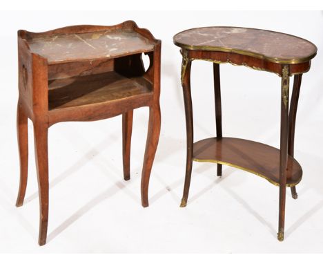 A LOUIS XVI STYLE WALNUT MARBLE TOPPED LAMP TABLE with ormolu mounts, the cabriole legs united by a conforming stretcher, 54c