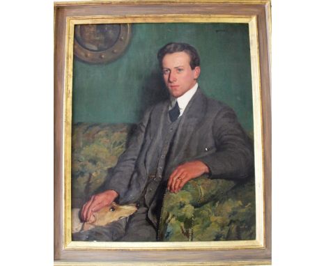 J HARVEY (19TH/20TH CENTURY ENGLISH SCHOOL): half length portrait of a gentleman seated at the end of a sofa with a dog resti