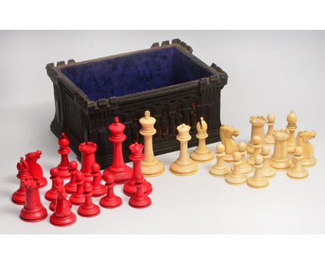 A MID 19TH CENTURY JAQUES STAUNTON PATTERN TURNED IVORY CHESS SET, one side stained red, the other natural, the white king st