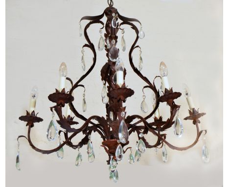 A FRENCH STYLE SEVEN-LIGHT BRONZED CHANDELIER with scrolling acanthus leaf arms and hung with tear shaped drops, 87cm high  