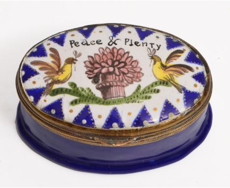 A GEORGE III OVAL ENAMEL SNUFF BOX, the lid decorated with two yellow birds either side of a corn stook and inscribed above '