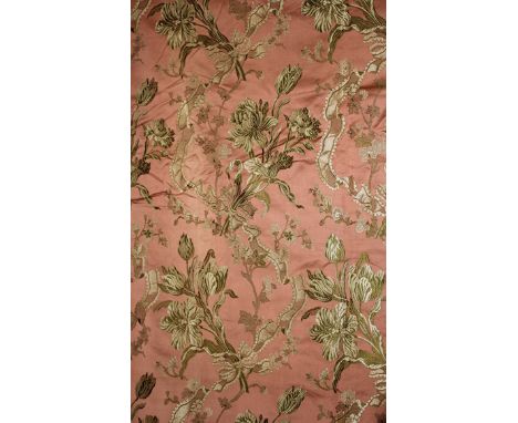 A SET OF FOUR NAPOLEON III SILK CURTAINS and three pelmets decorated with ribbon tied flowering foliage on a mauve ground.  T