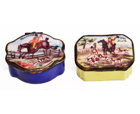 A GEORGE III STAFFORDSHIRE ENAMEL SNUFF BOX of serpentine outline, the lid decorated with a huntsman on his horse leaping a f