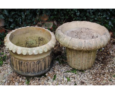 A VICTORIAN BUFF TERRACOTTA FLUTED CYLINDRICAL PLANTER with lobed rim, 40cm diameter x 30cm high, together with a further Vic