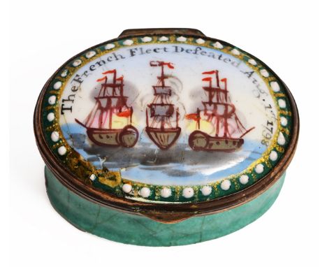 A LATE 18TH CENTURY OVAL ENAMEL SNUFF BOX, the lid with a vignette depicting three sailing ships in battle, inscribed above '