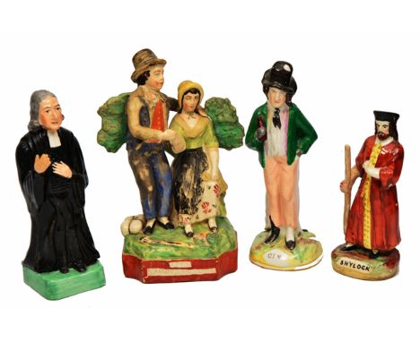 A 19TH CENTURY ENGLISH POTTERY FIGURINE OF JOHN WESLEY, 21cm in height together with a 19th century Staffordshire figurine of