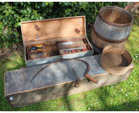 AN OLD GREY PAINTED PINE TOOL CHEST containing a number of tools, 76cm wide together with a pine and painted saw box, 124cm w