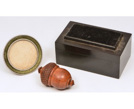 A VICTORIAN EBONY RECTANGULAR BOX with pin cushion set lid, and holly wood lined interior with a label for T Barton Late Naye