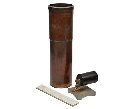 A COPPER CYLINDRICAL RAIN GAUGE BY CASELLA, 14cm diameter x 46cm high together with Casella of London 'sunshine recorder' (2)
