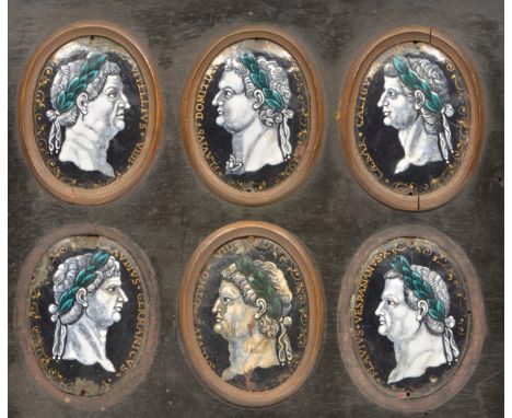 A SET OF SIX 16TH/17TH CENTURY LIMOGES ENAMEL OVAL PLAQUES depicting Roman emperors, set in a single frame, each approximatel