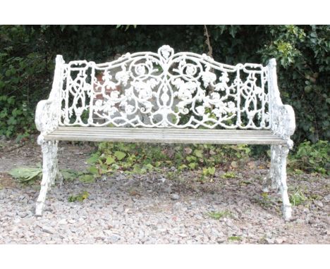 A PAINTED CAST ALUMINIUM GARDEN BENCH with scrolling and fruiting vine decoration and wooden slatted seat, 125cm wide