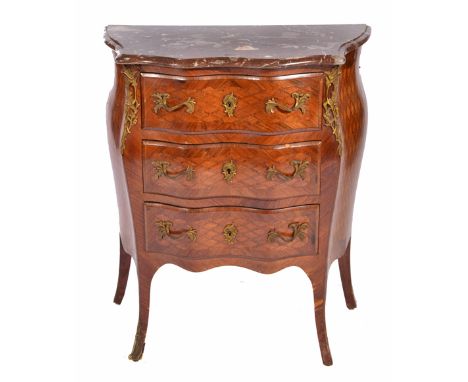 A LOUIS XVI STYLE MARBLE TOP SERPENTINE FRONTED BOMBE COMMODE with three drawers, parquetry decoration and gilt metal mount, 