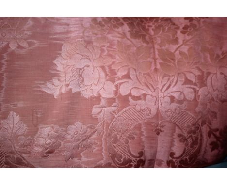 TWO PAIRS OF LATE 19TH CENTURY PINK SILK AND INTERLINED CURTAINS decorated with floral sprays edged with braid, approximately