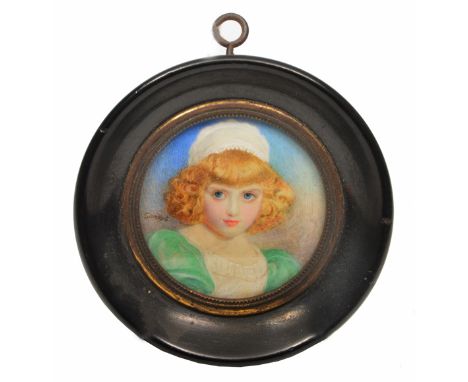 WINIFRED SANDYS (19TH/20TH CENTURY), MINIATURE PORTRAIT of a young girl with curly golden hair, wearing green dress and white