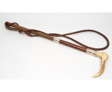 A ZAIR, ANTLER AND SILVER MOUNTED LEATHER HUNTING WHIP, the mounts with hallmarks for 'Birmingham, 1927' and makers mark of '