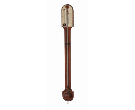 A LATE VICTORIAN MAHOGANY STICK BAROMETER with a semi-spherical cistern, a visible tube and ivorine dial with thermometer, si