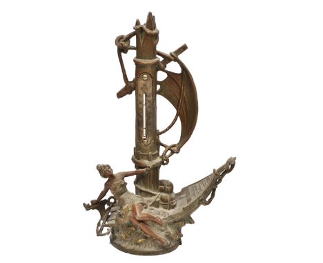 A LATE 19TH CENTURY CONTINENTAL CAST SPELTER THERMOMETER, sculpted as a maiden steering a sailing ship 'La Fortuna', 39.5cm h