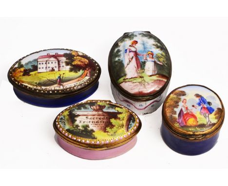 A GROUP OF FOUR GEORGE III ENAMEL PATCH BOXES, two of Navette shape with beaded edges to the central scene, one showing a cou