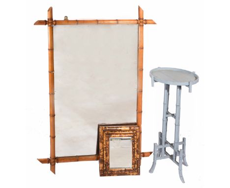 A FRENCH 19TH CENTURY FAUX BAMBOO FRAMED HANGING WALL MIRROR, 87cm wide x 124cm high together with a grey painted faux bamboo