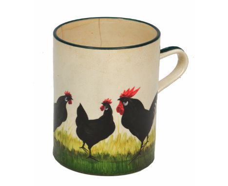 A WEMYSS POTTERY TANKARD decorated with a group of chickens, stamped to the base 'Wemyss Ware R.H. & S', 14cm in height