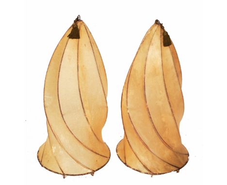 A PAIR OF EARLY TO MID 20TH CENTURY VELLUM COVERED LAMP SHADES OF SPIRAL FORM, 80cm in height
