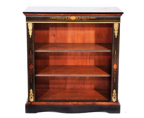 A VICTORIAN EBONISED AND GILT METAL MOUNTED DWARF BOOKCASE with adjustable shelves and standing on short bracket feet, approx