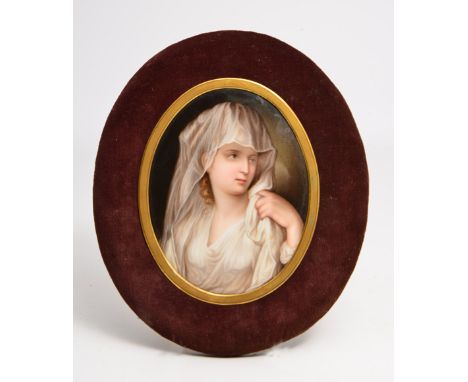 A 19TH CENTURY CONTINENTAL PORCELAIN PLAQUE 'AFTER ANGELICA KAUFFMANN', a portrait of a woman dressed as a vestal virgin, 12c