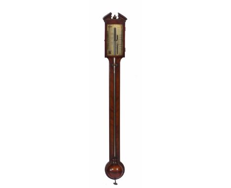 A GEORGE III MAHOGANY STICK BAROMETER, the case with break arch pediment, exposed mercury tube and semi spherical cistern cov