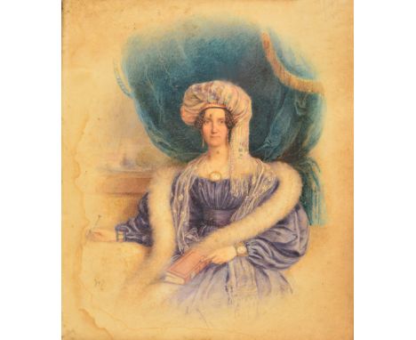 19TH CENTURY ENGLISH SCHOOL: PORTRAIT OF A LADY wearing patterned head-dress seated beneath blue velvet curtain wearing a fur