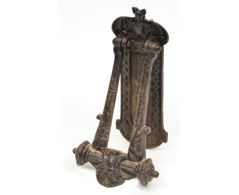 A VICTORIAN CAST IRON LETTER PLATE, crested by a bat and with acanthus leaf decorated knocker, signed to the reverse 'A Kenri