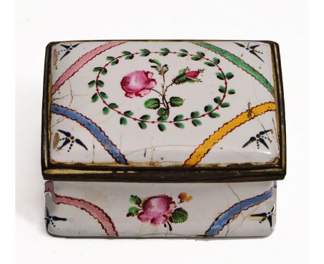 A GEORGE III SQUARE ENAMEL SNUFF BOX of white ground, decorated with coloured ribbons and flowers, 5cm wide