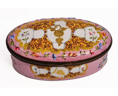 A GEORGE III OVAL SNUFF BOX, the pink diaper ground decorated with flowers and scrolls, 9cm wide