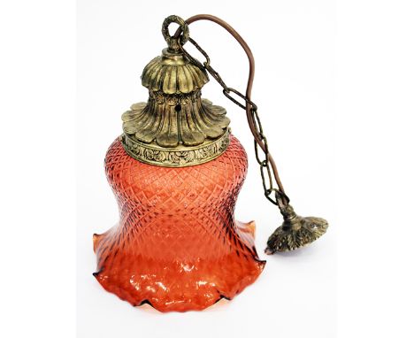 A GILT METAL AND AMBER GLASS LIGHT FITTING with acanthus leaf moulded ceiling boss and textured shade, approximately 30cm hig