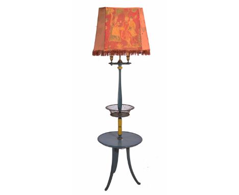 AN EARLY 20TH CENTURY ITALIAN BLUE AND YELLOW PAINTED TURNED WOODEN LAMP STANDARD the uplighter over twin light candle holder