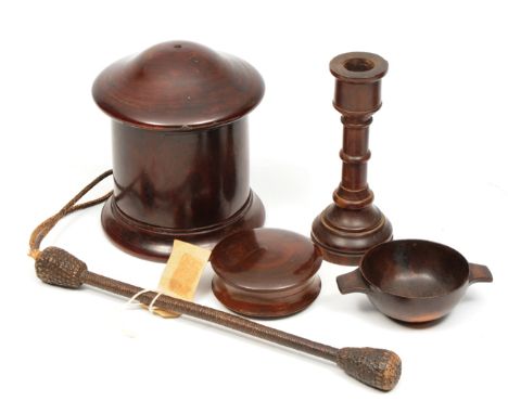 A SMALL 19TH CENTURY TURNED LIGNUM VITAE QUAICH, 7.5cm diameter; together with a turned wooden snuff box, 8.5cm diameter; a 1