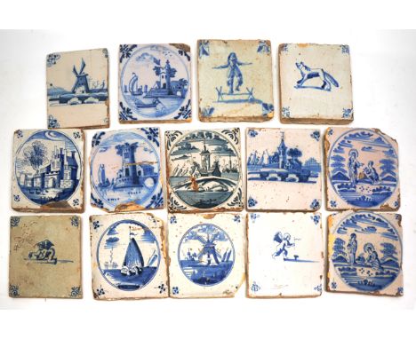 A GROUP OF 14 ANTIQUE BLUE AND WHITE DELFT TILES, with architectural and figural scenes, each approximately 12.5cm squared 